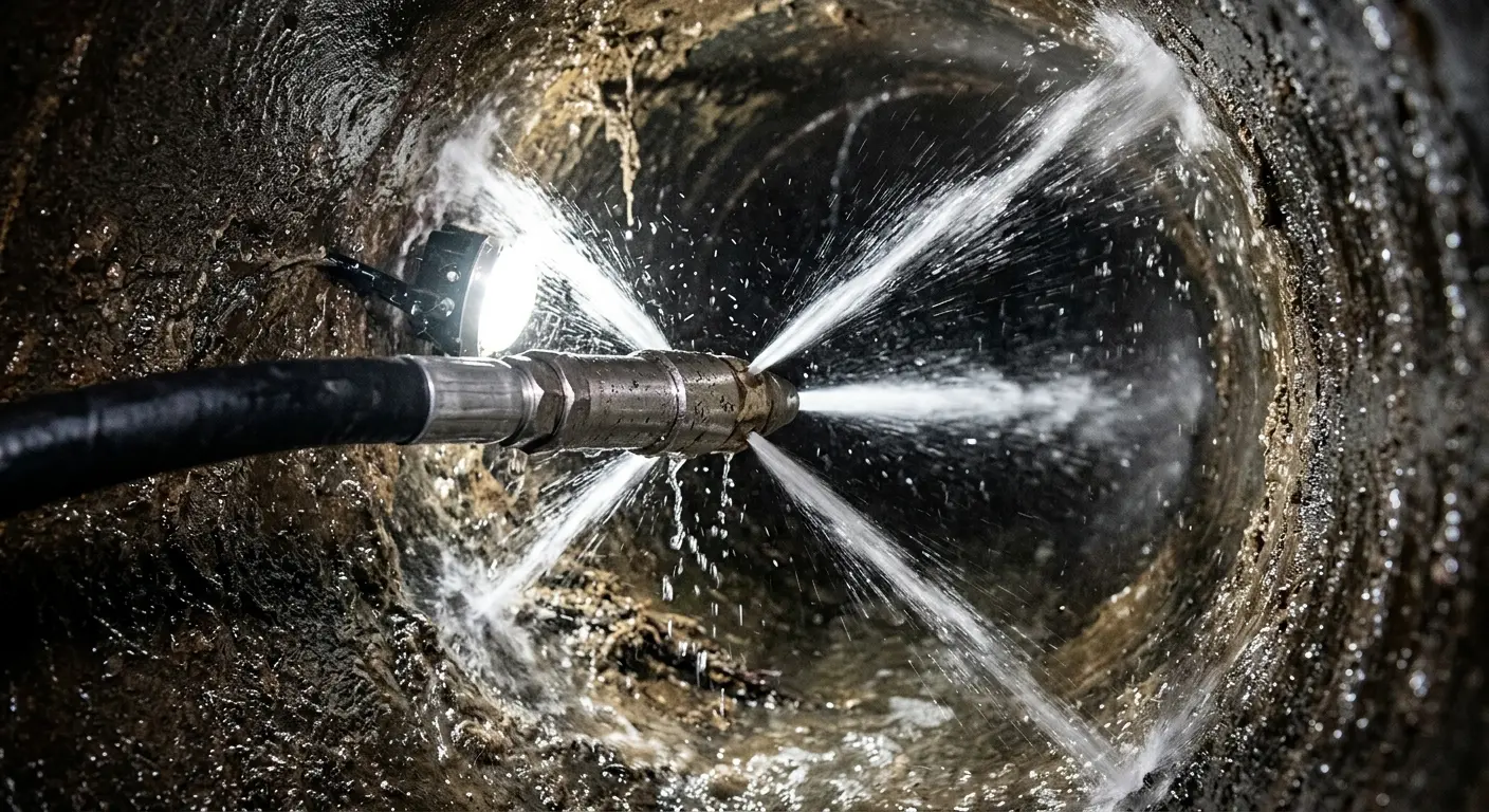 High-pressure hydro jetting nozzle cleaning sewer pipe for Storm Drain Cleaning in Grapevine