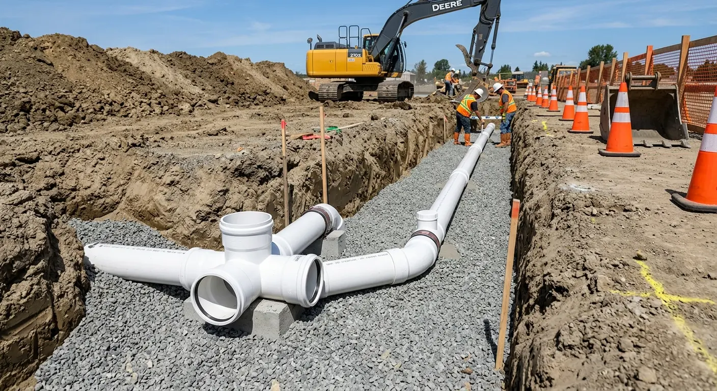 New PVC sewer pipe installation in open trench for Grease Trap Cleaning in Grapevine