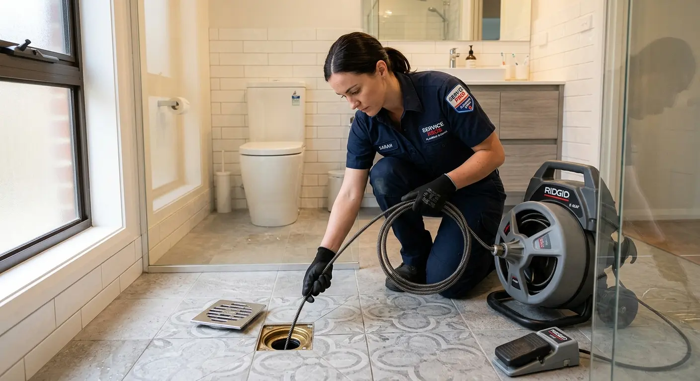 Technician clearing a bathroom floor drain for Sewer Line Installation in Grapevine